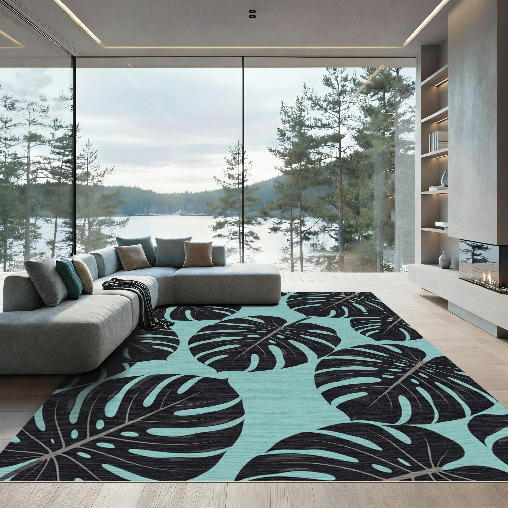 Lush Tropical Monstera Leaf Teal Rug