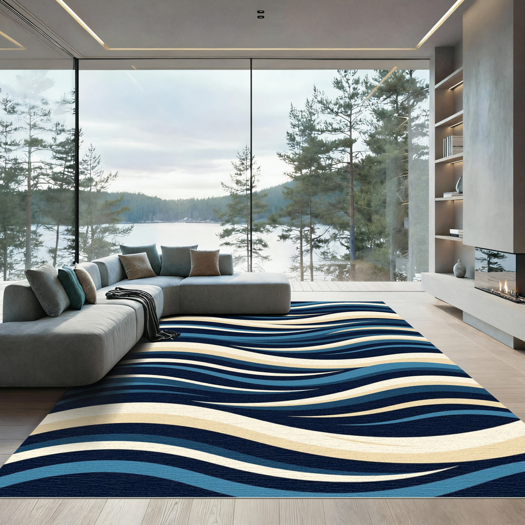 Abstract Navy and Cream Flowing Wave Rug