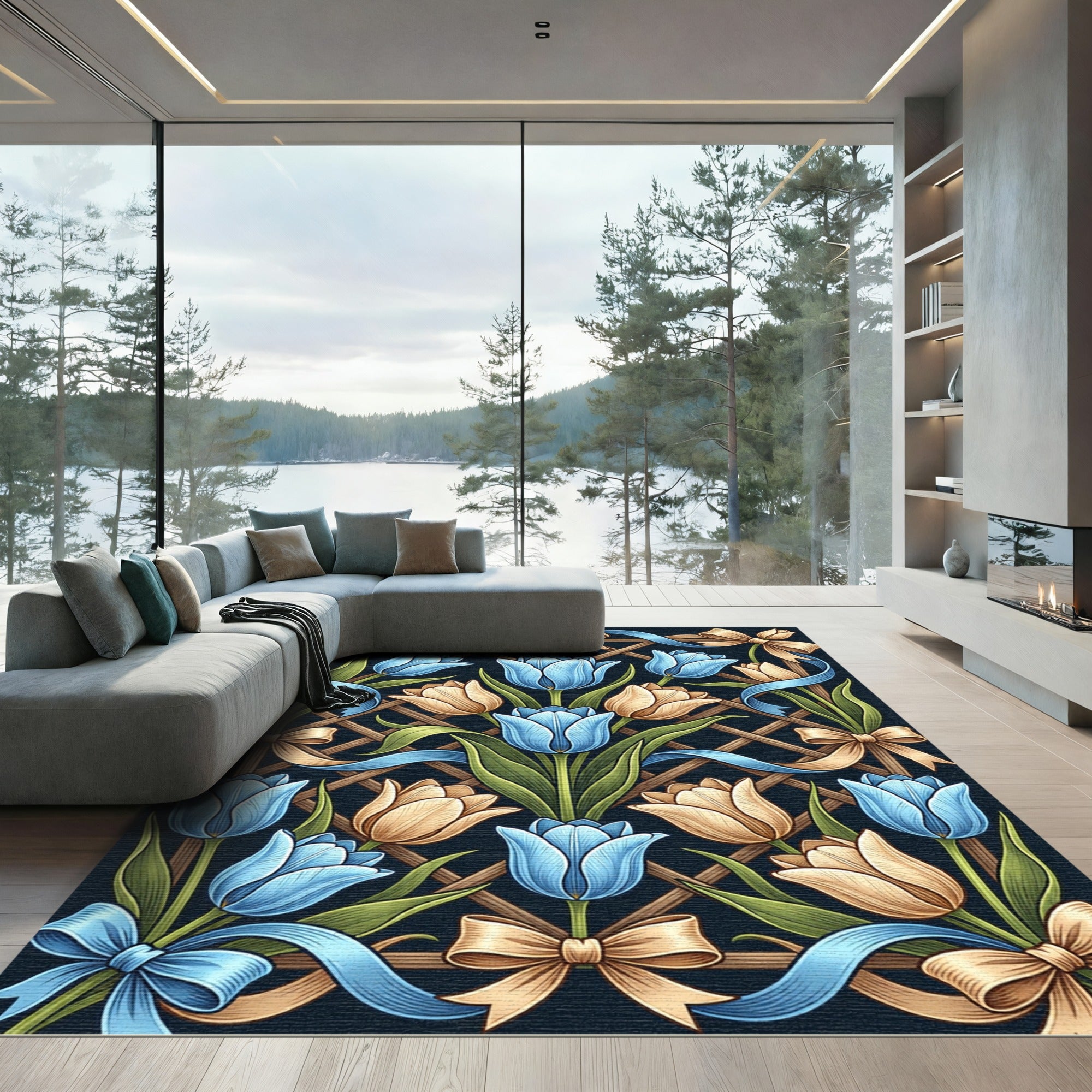 Blue and Cream Tulip Lattice Bows Rug