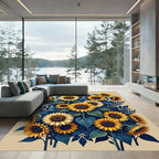 Golden Sunflower Bouquet on Navy Foliage Rug