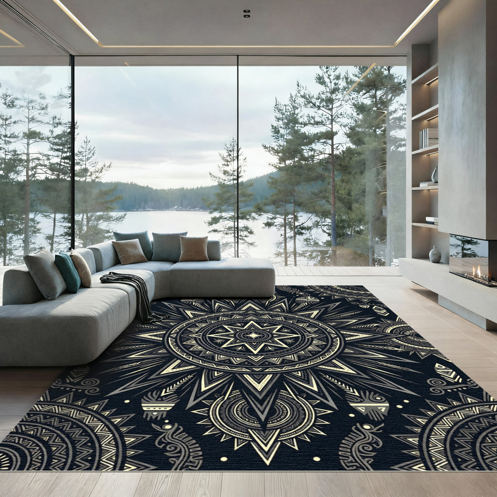 Celestial Sunburst Monochrome Geometric Art Rug