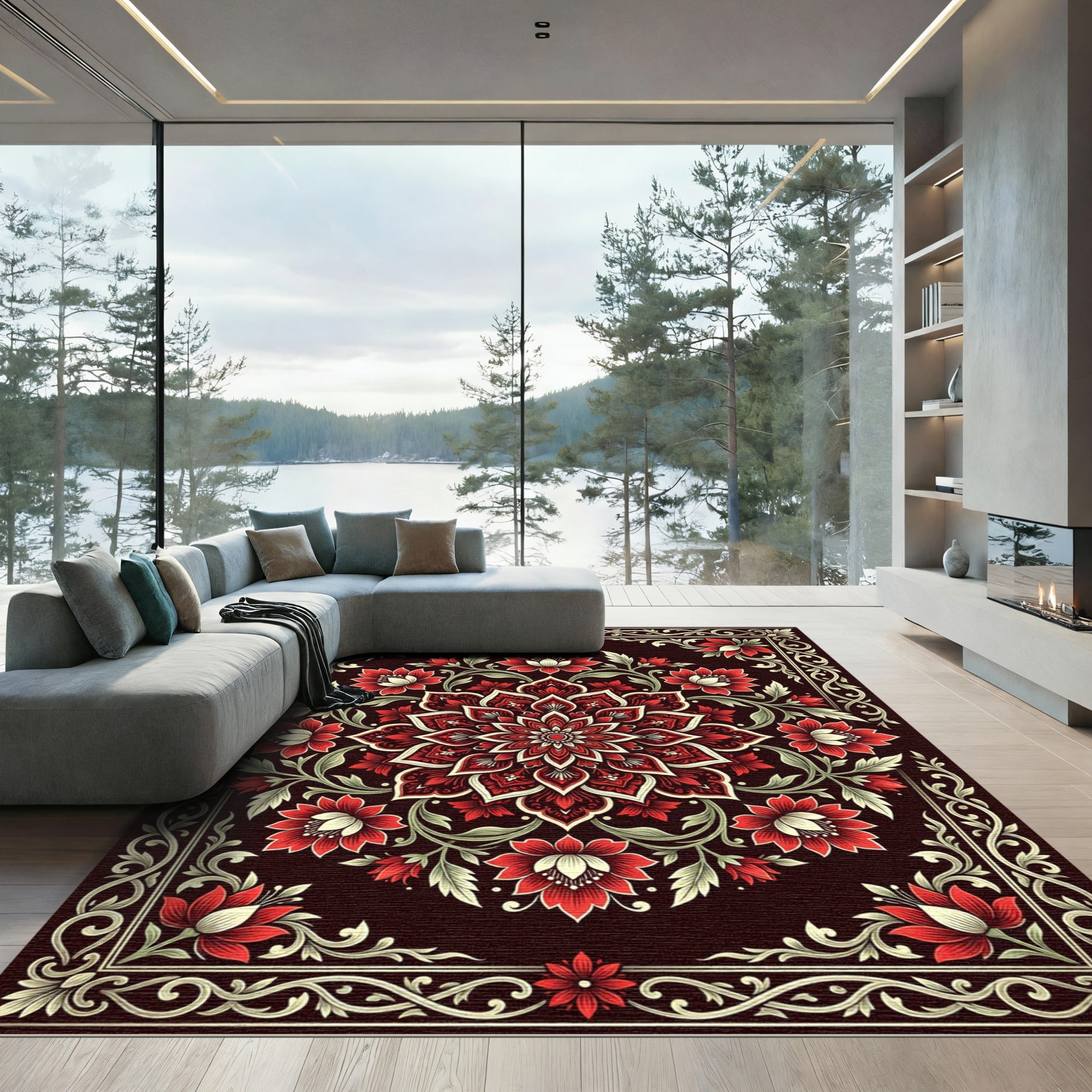 Crimson Floral Mandala Dark Botanical Rug