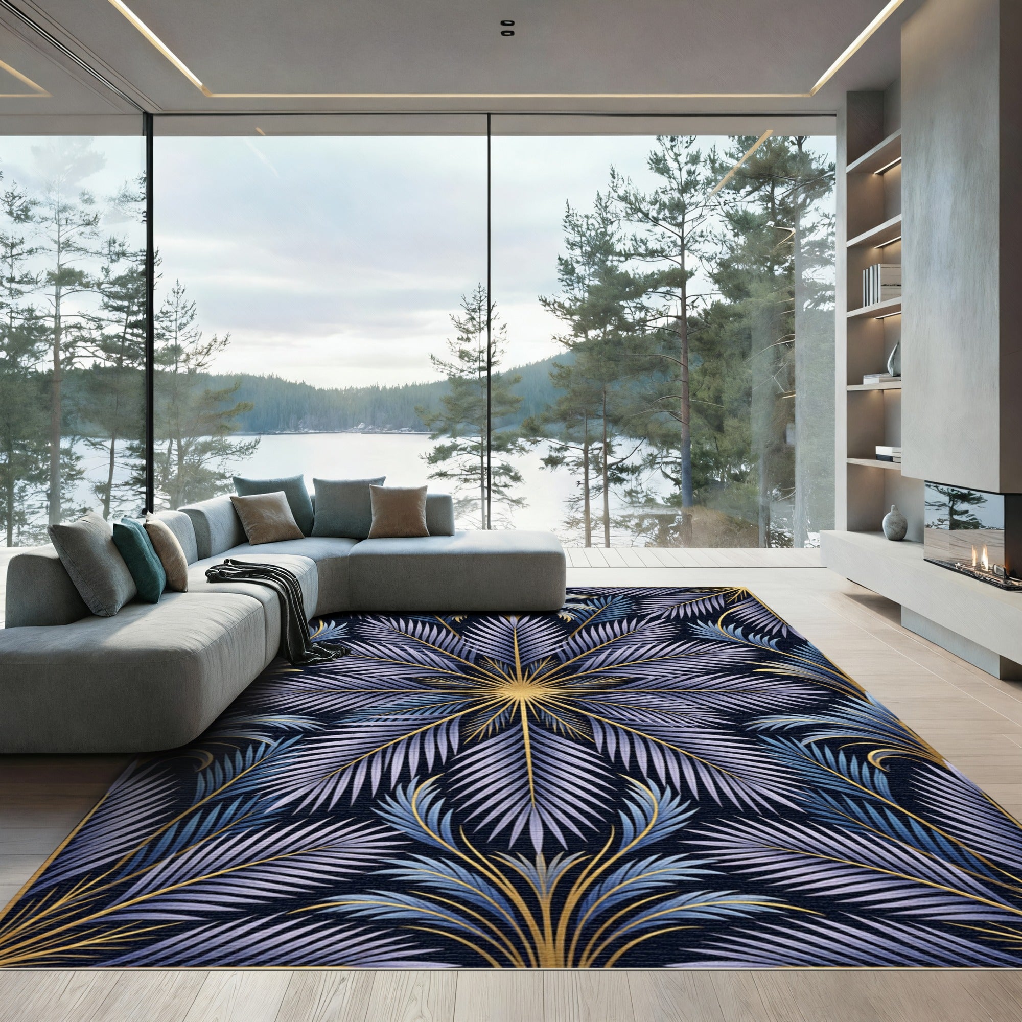 Art Deco Blue Leaf Golden Frame Rug