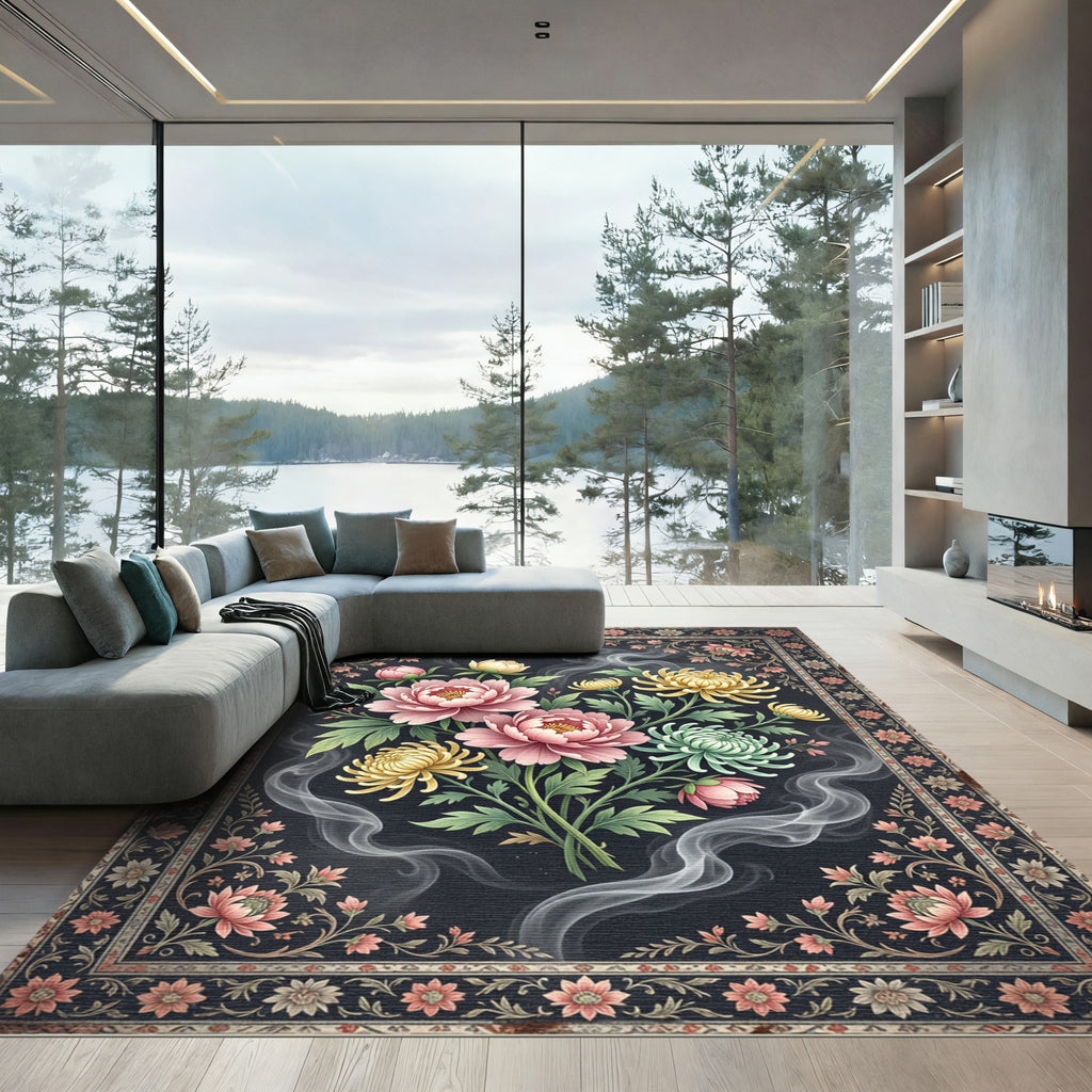 Ethereal Pink Peony and Golden Chrysanthemum Rug