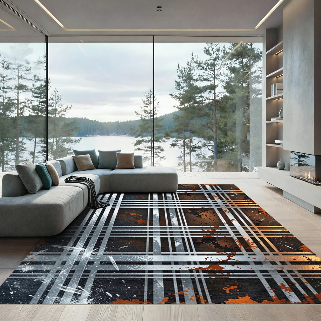Industrial Metallic Grid with Rust Accents Rug
