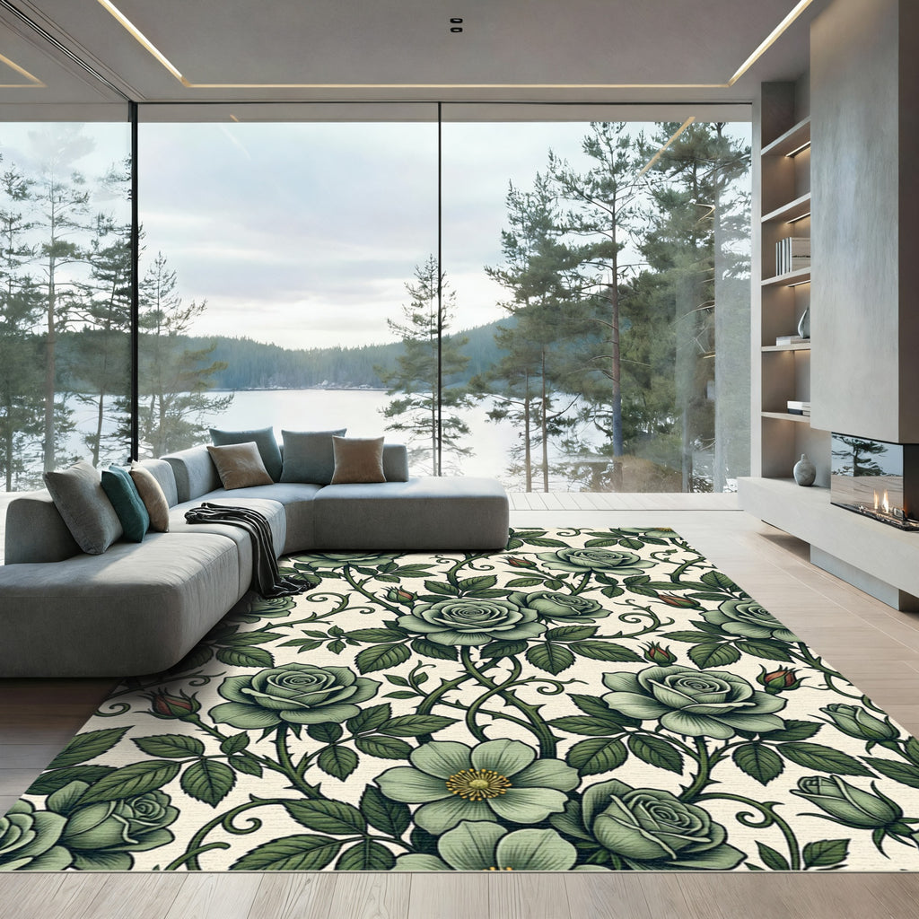 Vintage Sage Rose Botanical Garden Rug