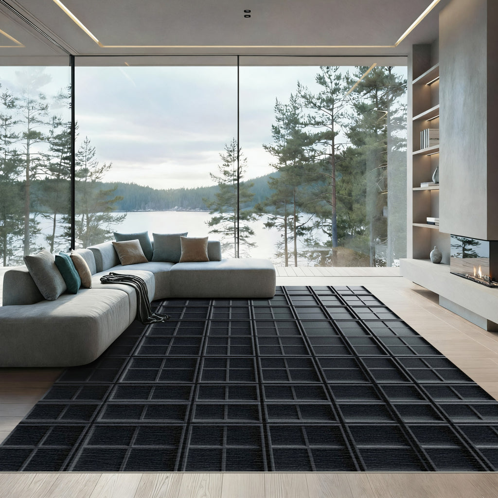 Matte Charcoal Geometric Grid Facade Rug