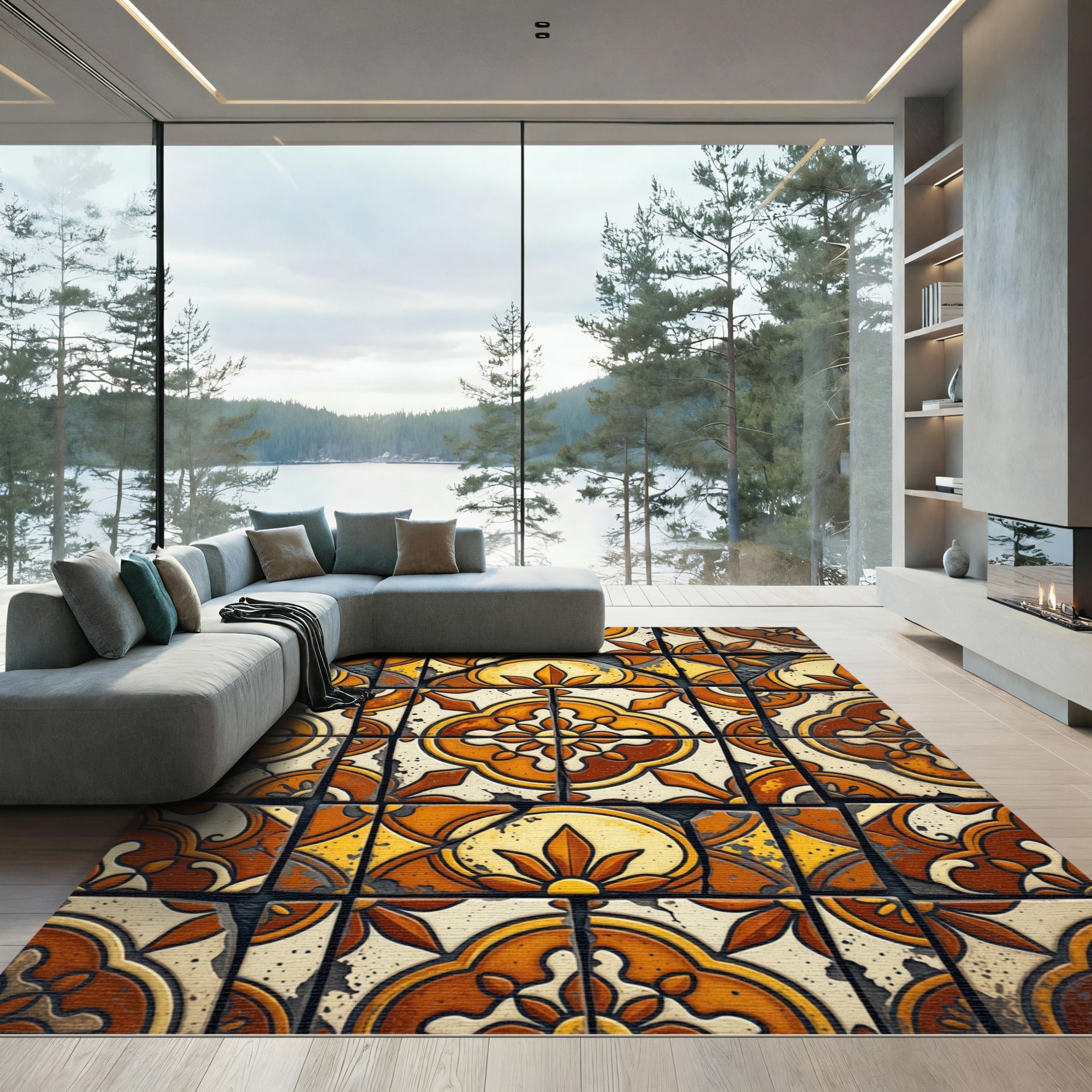 Rustic Ochre Floral Medallion Tile Rug