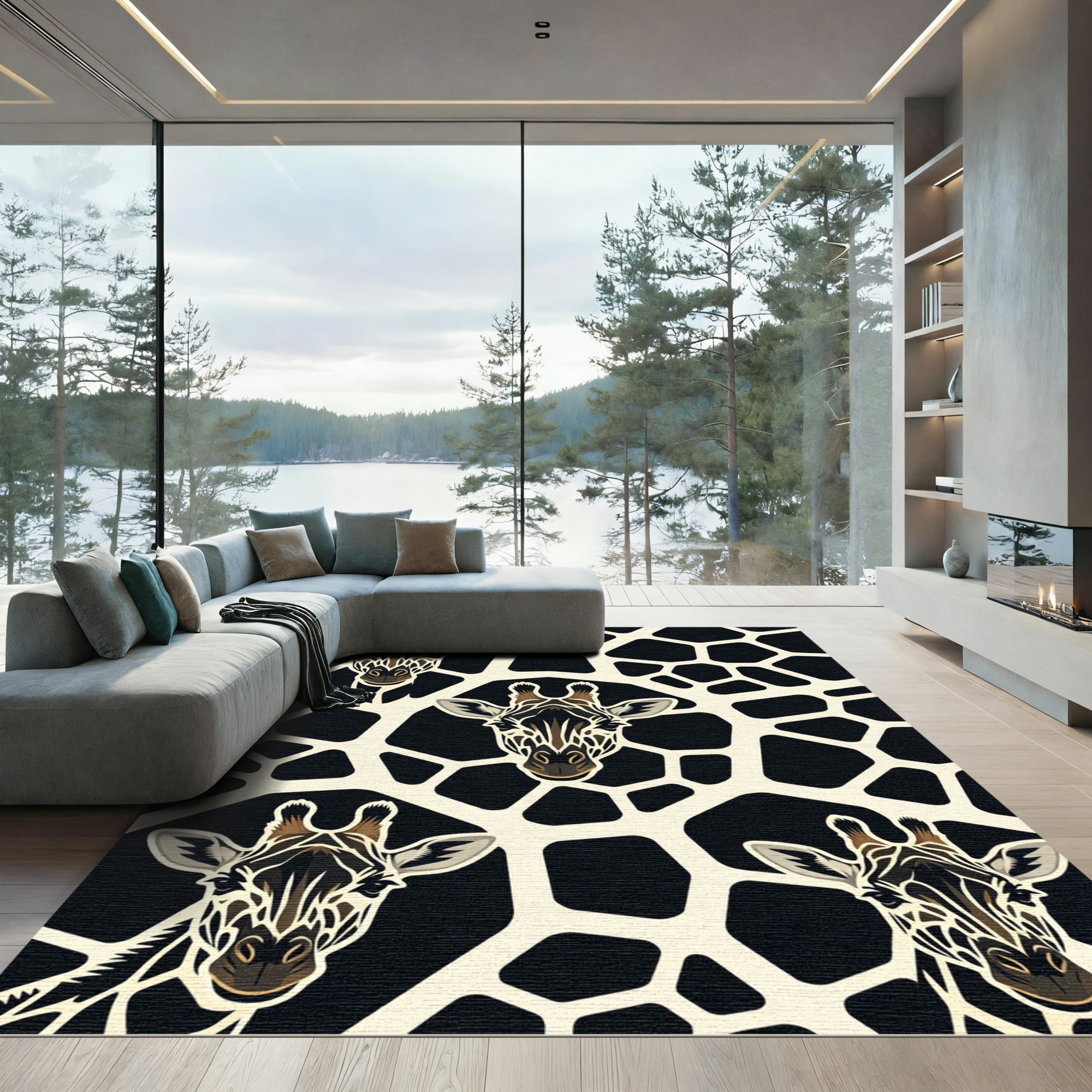 Abstract Black and Cream Giraffe Face Rug
