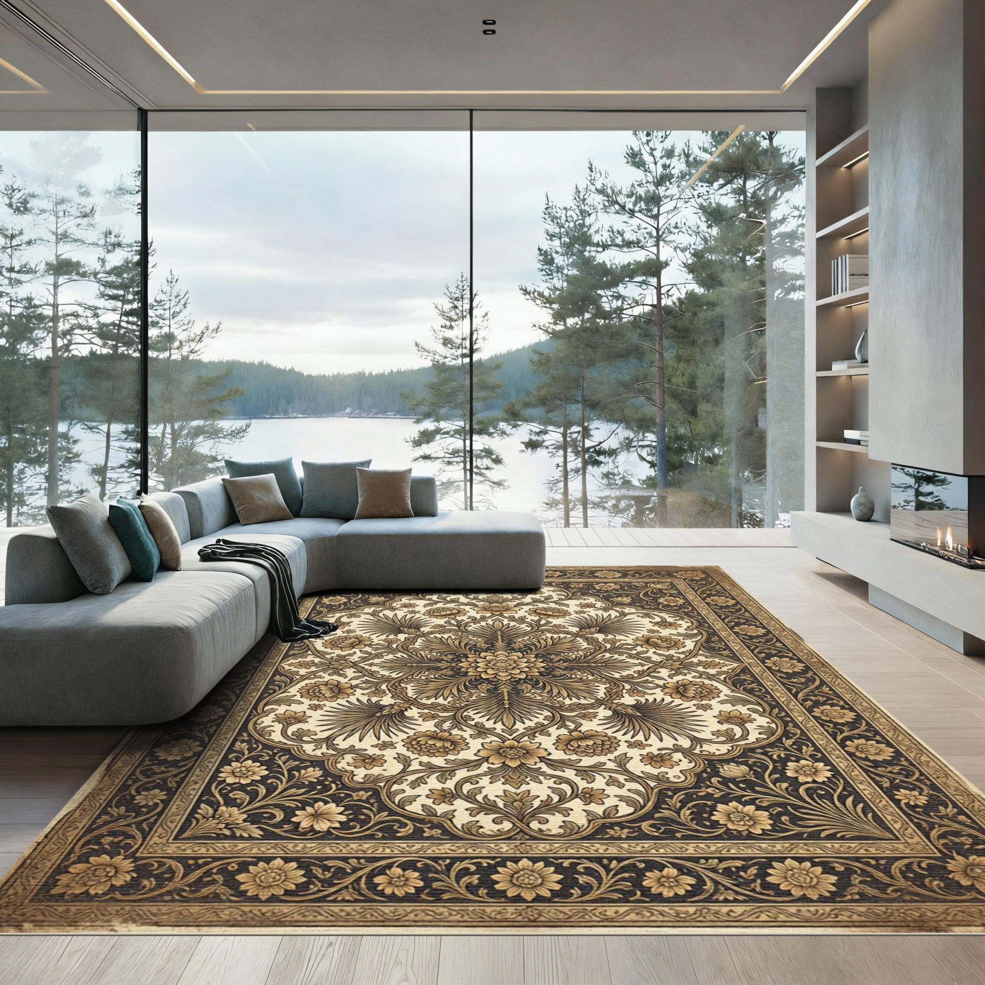 Antique Gold Black Floral Medallion Rug