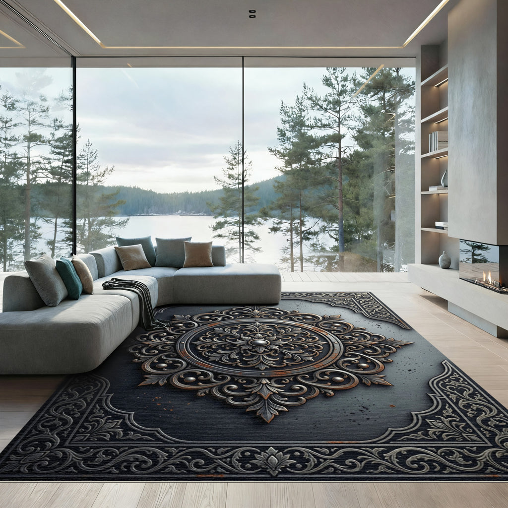 Ornate Silver Filigree Medallion Charcoal Grey Rug
