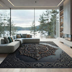 Ornate Silver Filigree Medallion Charcoal Grey Rug