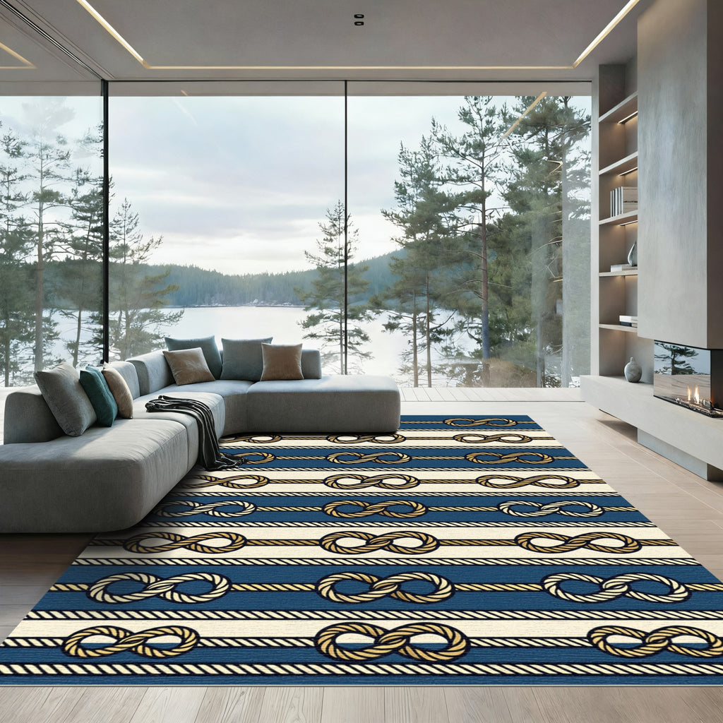 Navy Nautical Rope Infinity Knot Stripe Rug