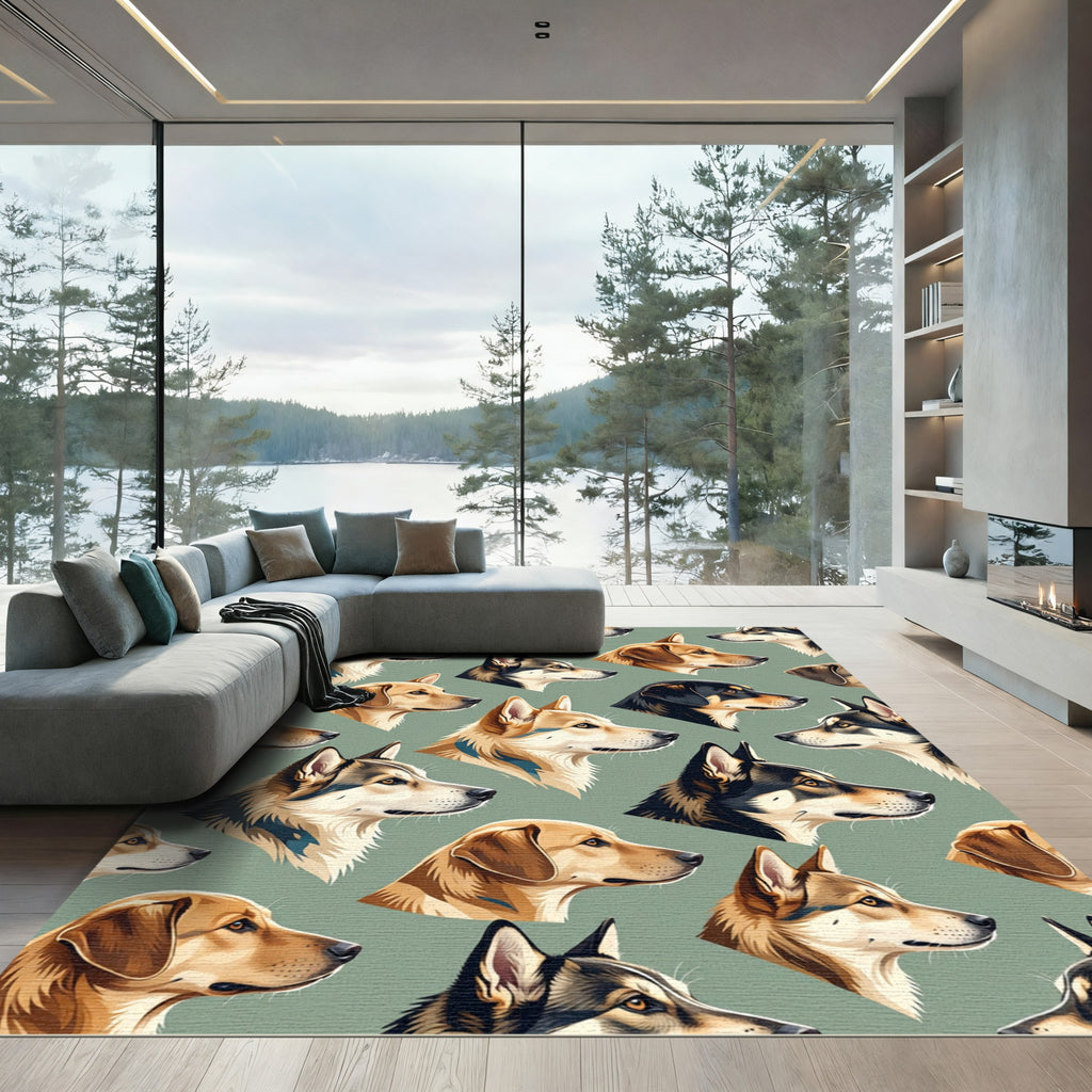 Sage Green Dog Head Illustration Rug