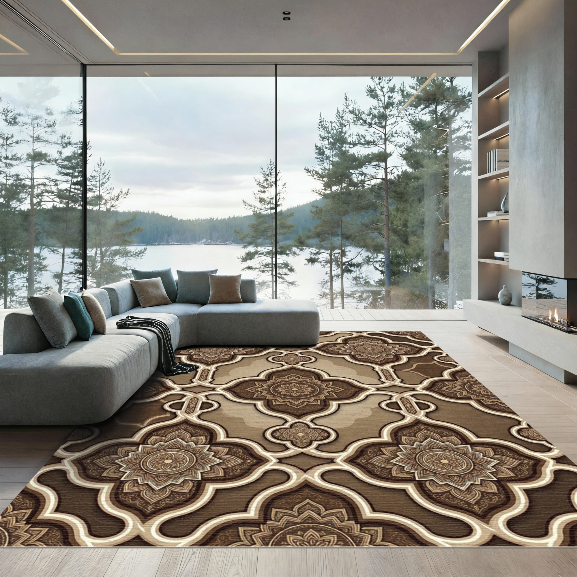 Elegant Bronze Filigree Ornate Damask Rug