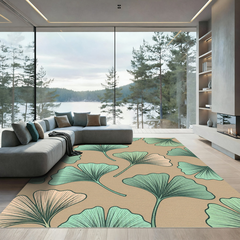 Sage Green Ginkgo Leaf Botanical Illustration Rug
