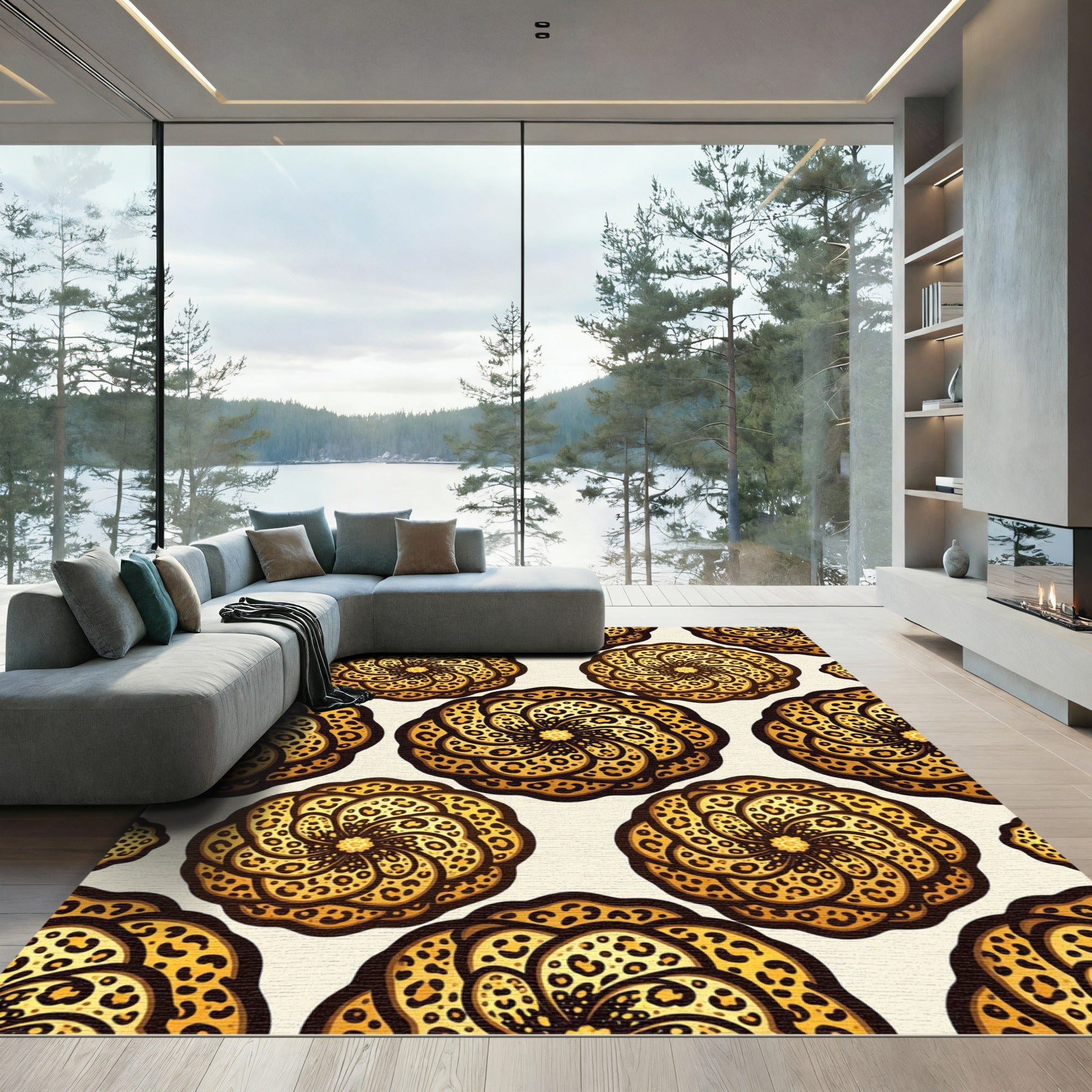 Golden Leopard Circular Swirl Medallion Rug