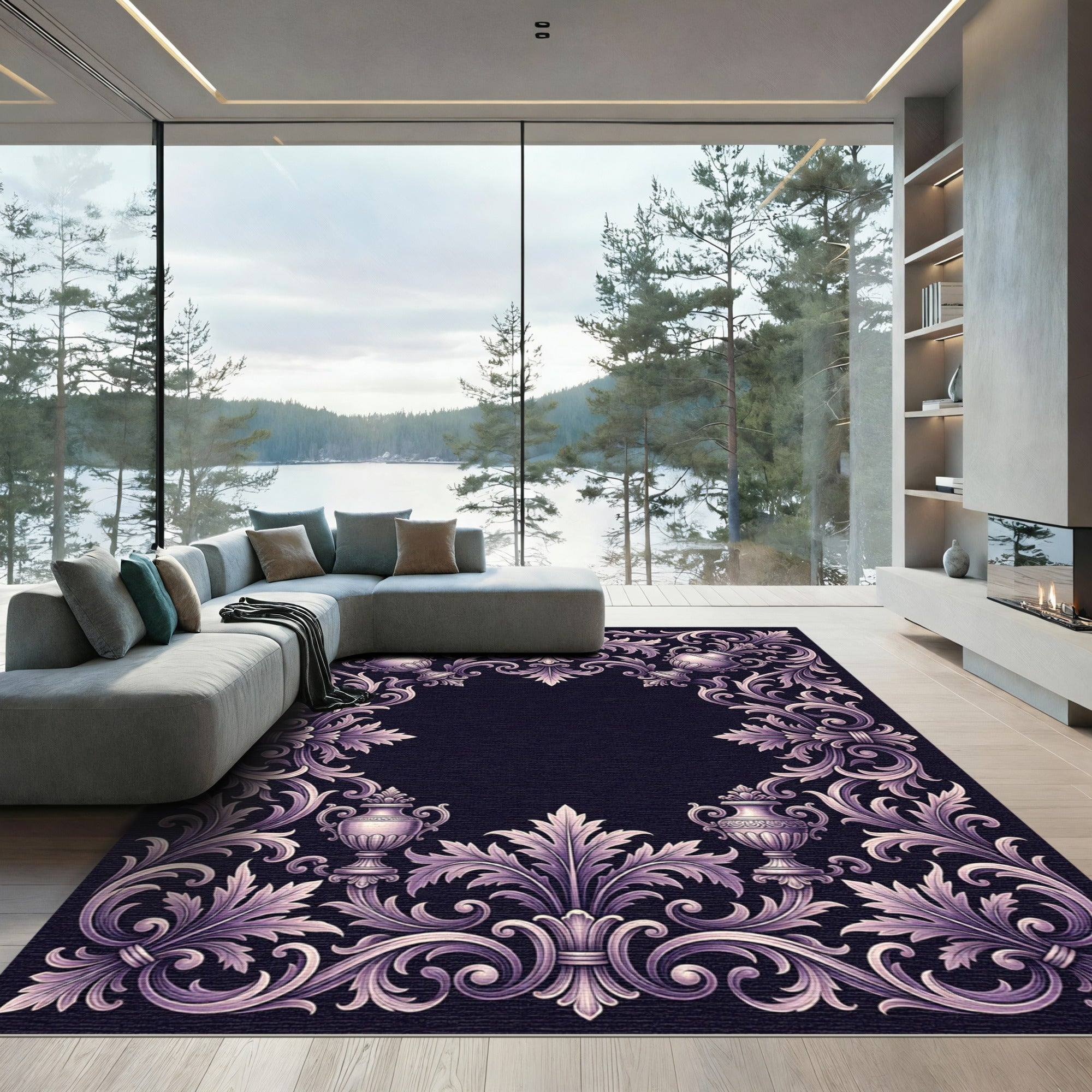 Ornate Lilac Urn Acanthus Scrollwork Rug