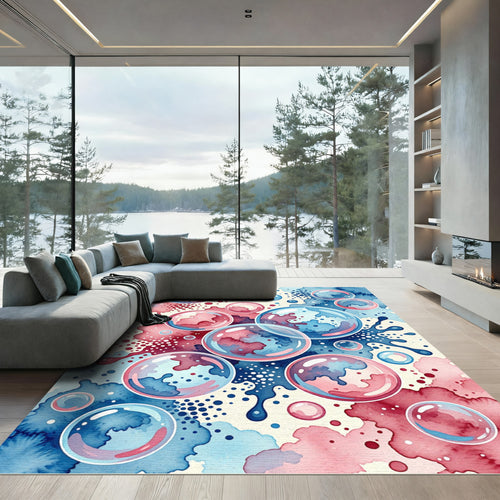 Abstract Blue and Pink Iridescent Bubbles Rug