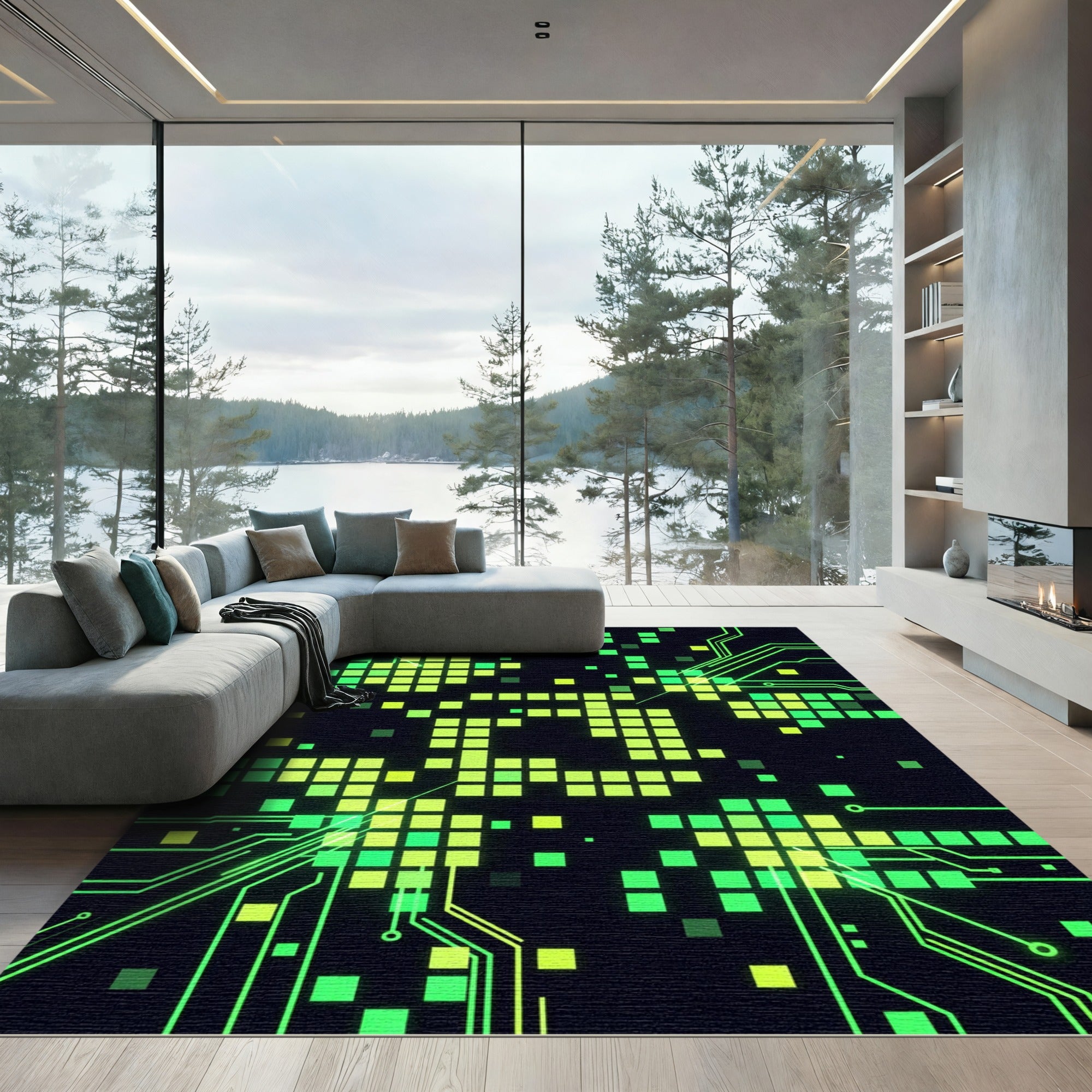 Electric Green Neon Matrix Grid Rug