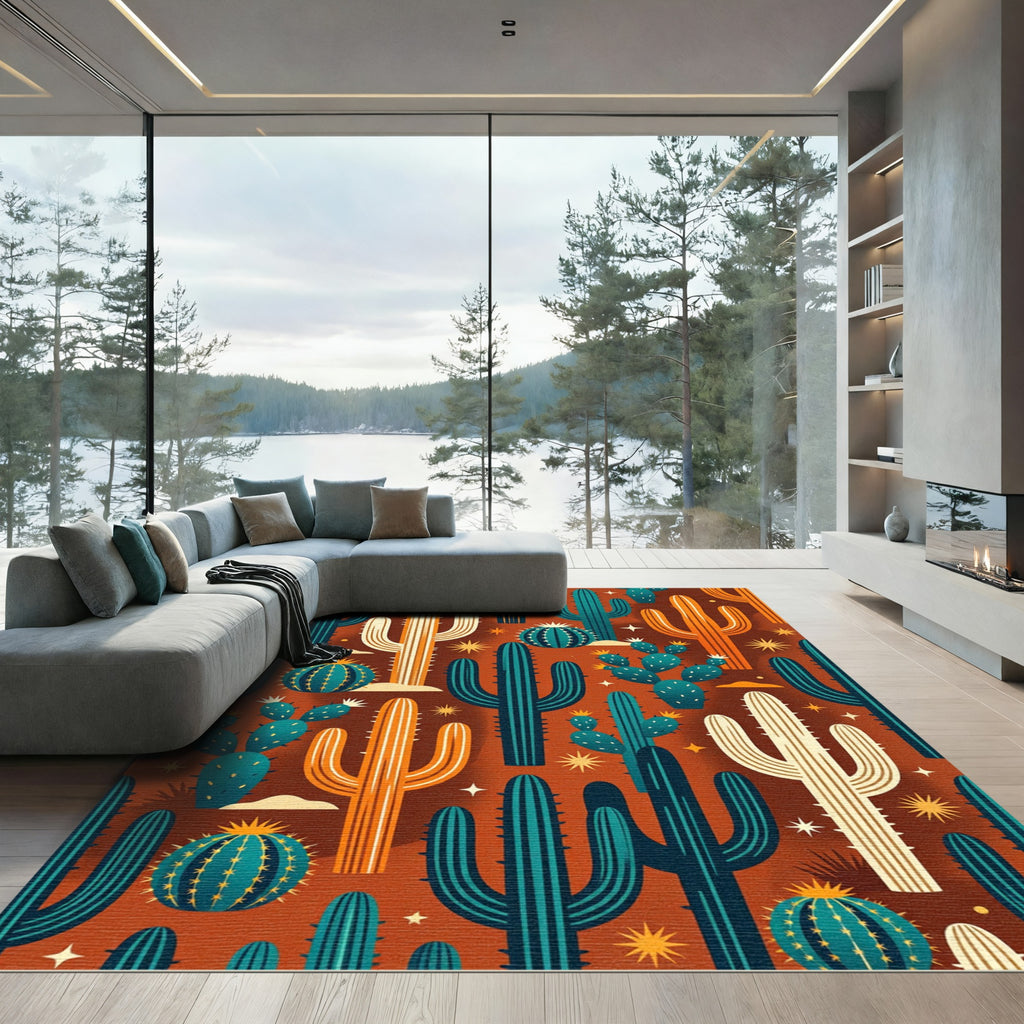 Earthy Boho Cactus and Star Art Rug