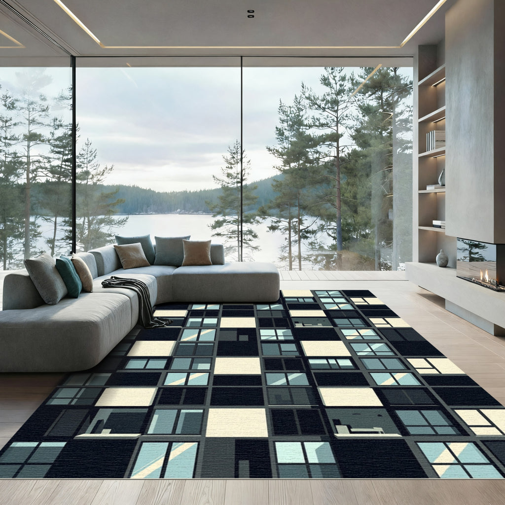 Modern Monochrome Geometric Grid Block Rug