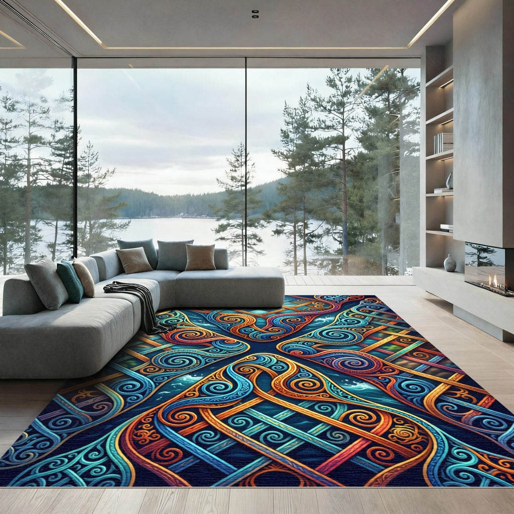 Intricate Blue Orange Swirl Knotwork Rug