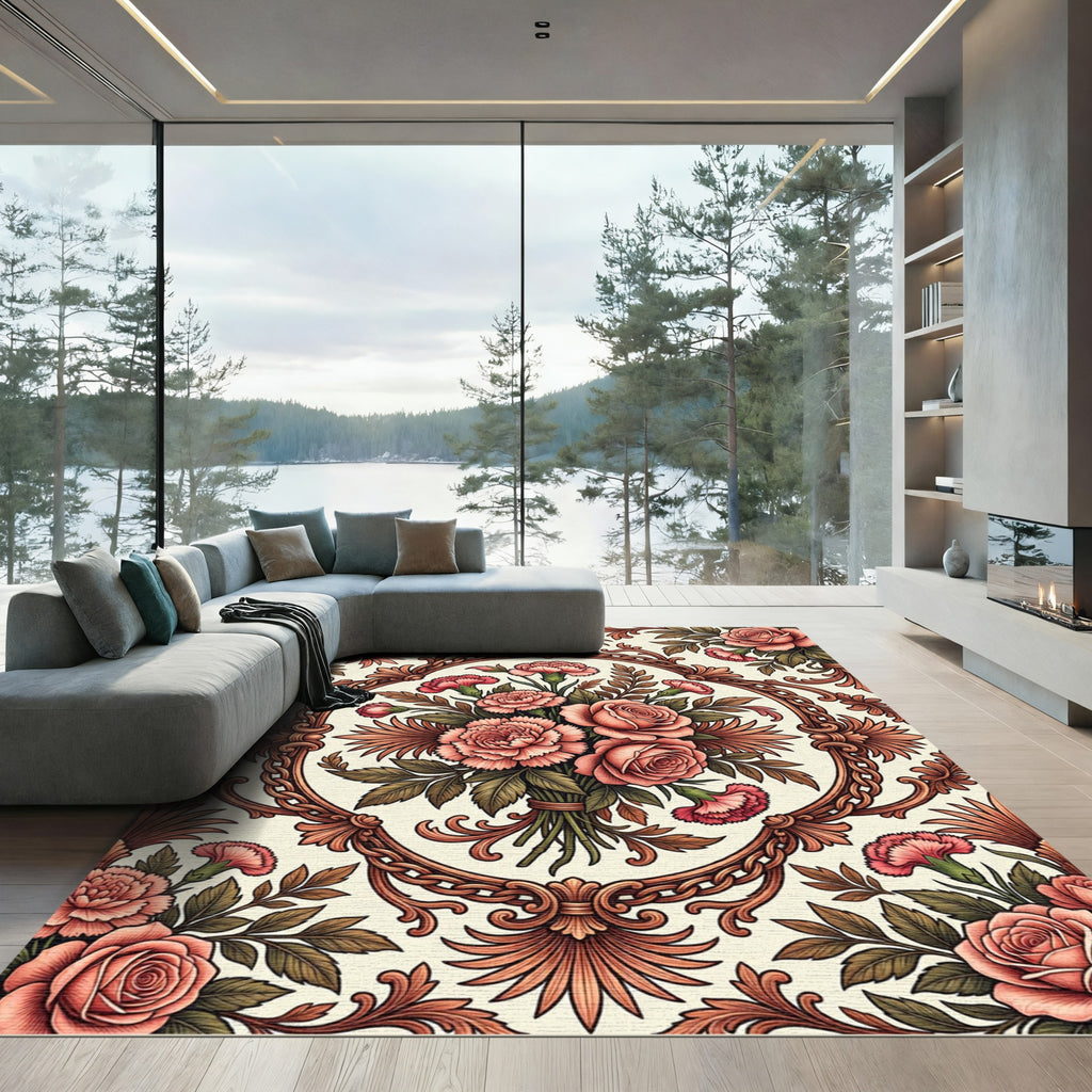 Coral Pink Floral Bouquet Medallion Rug