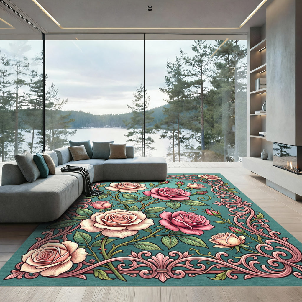 Elegant Pink Rose Scrollwork Botanical Rug