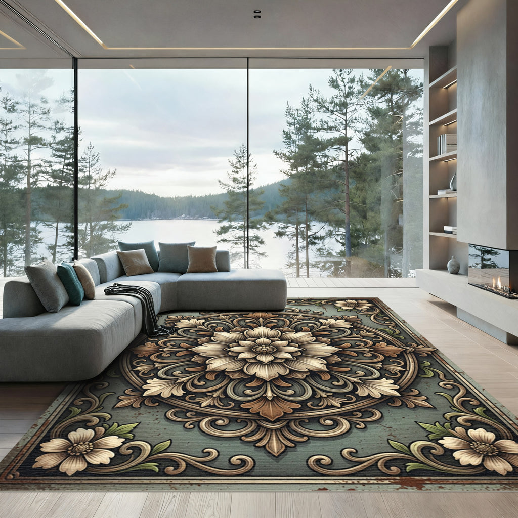 Victorian Sage Green Ornate Floral Medallion Rug