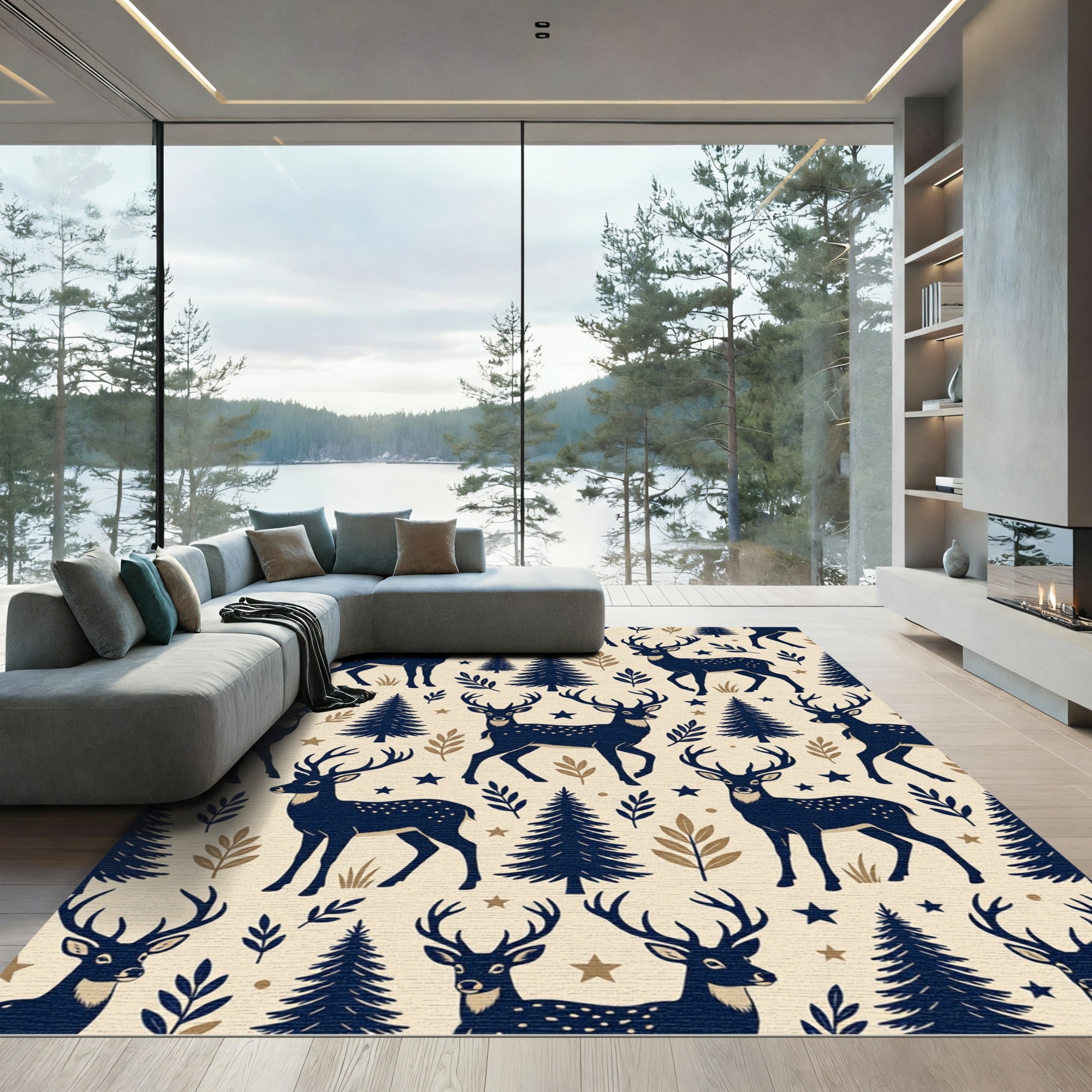 Midnight Navy Forest Deer Woodland Rug