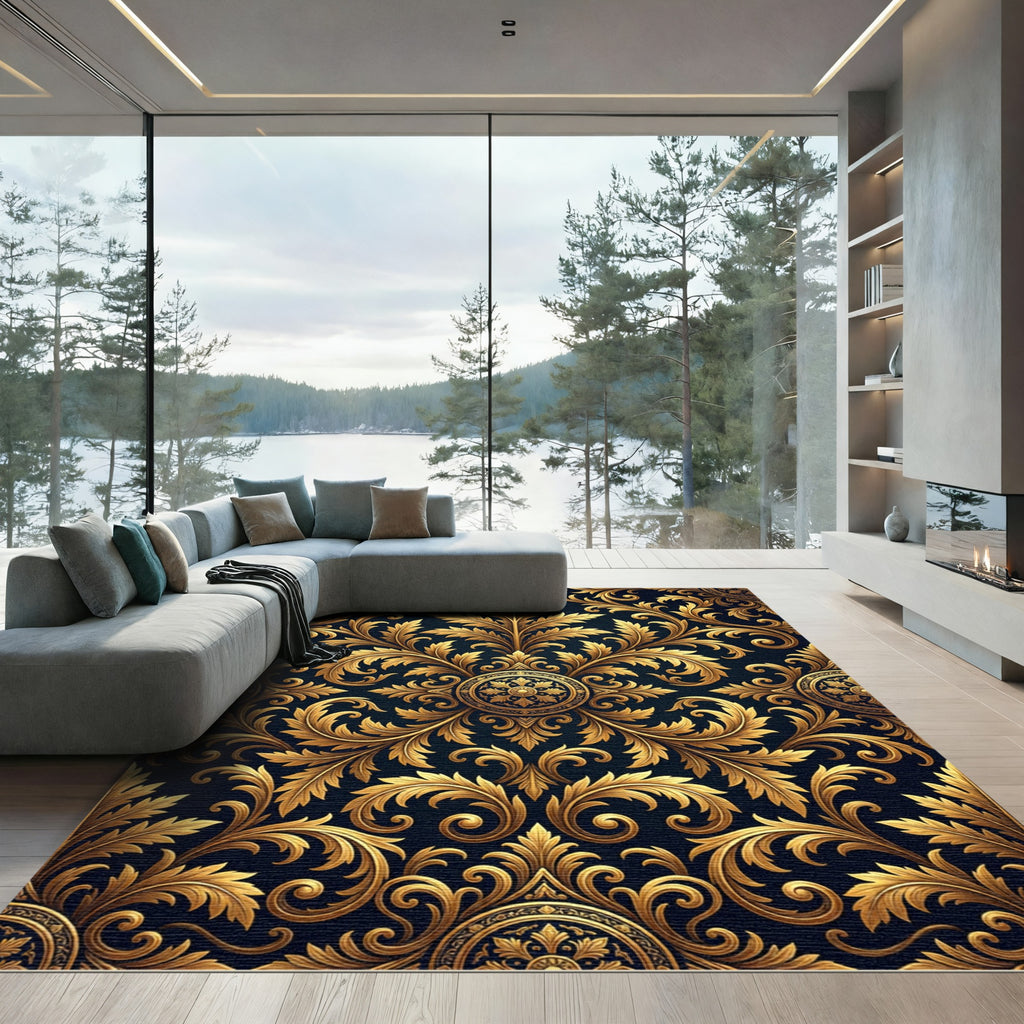 Ornate Gold Acanthus Damask Navy Rug