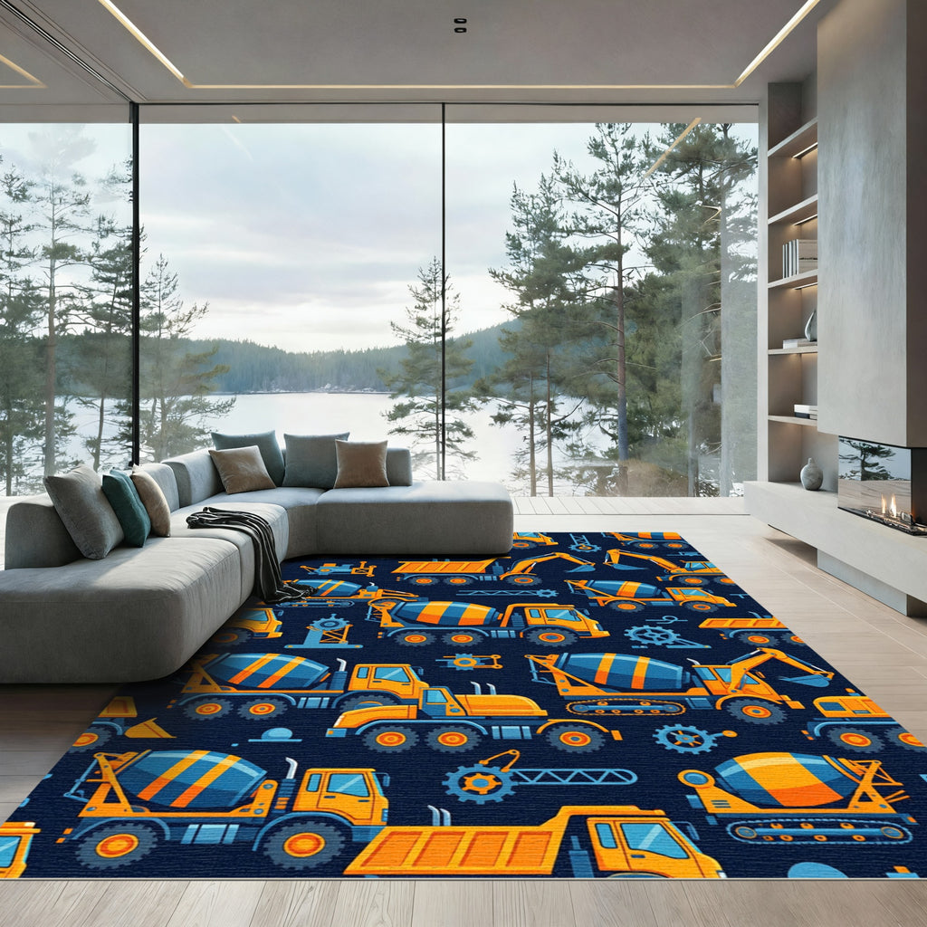 Vibrant Yellow Construction Truck Fleet Rug
