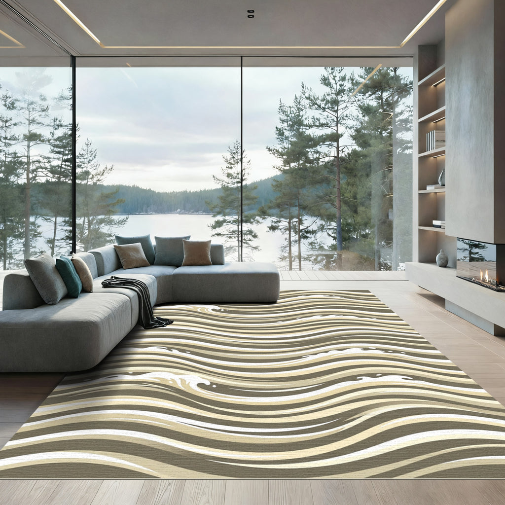 Neutral Earthy Tone Abstract Wavy Lines Rug