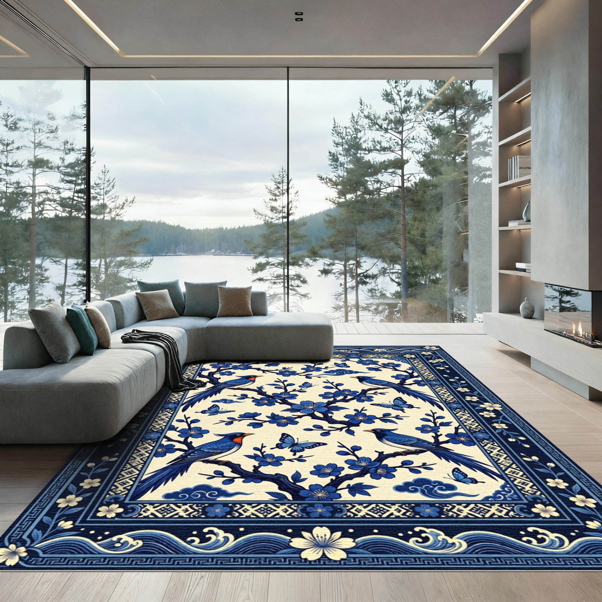 Blue Bird Blossom With Butterflies Rug