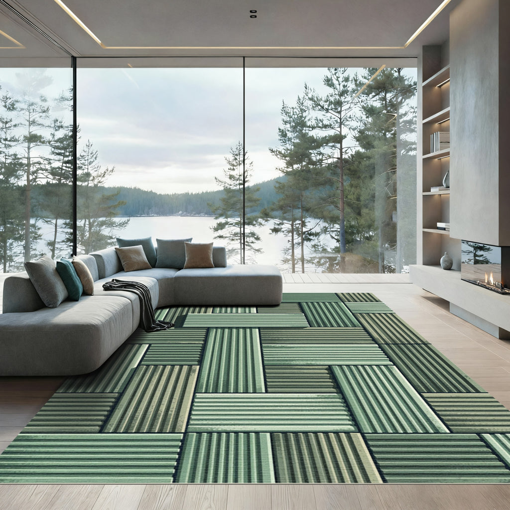 Sage Green Ribbed Geometric Block Rug