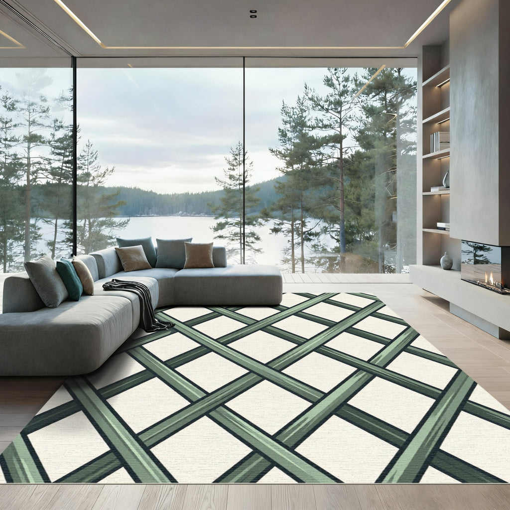 Sophisticated Sage Green Geometric Lattice Rug