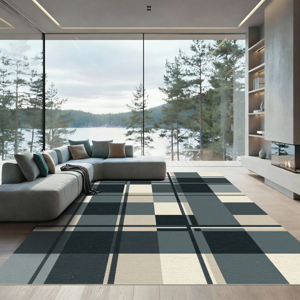 Modern Charcoal and Sand Plaid Composition Rug