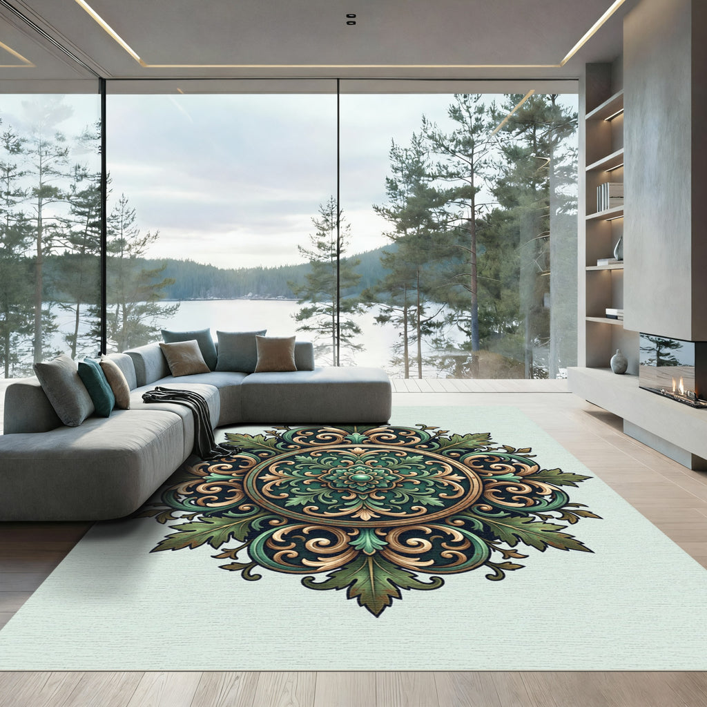 Ornate Sage Green Filigree Medallion Rug