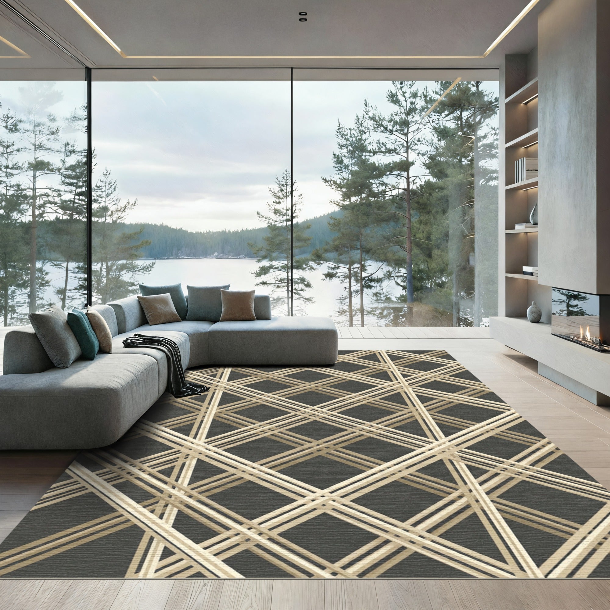 Modern Geometric Cream and Charcoal Grid Rug