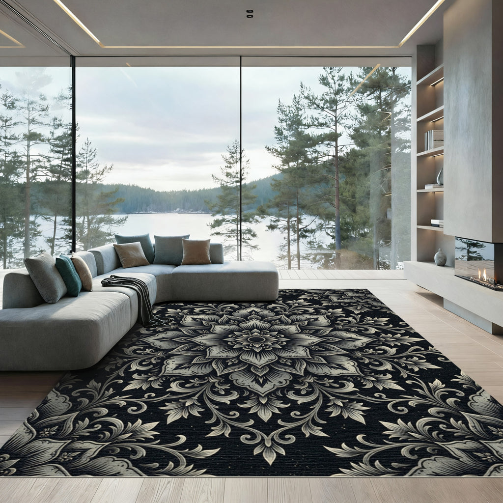 Elegant Charcoal Floral Medallion Rug