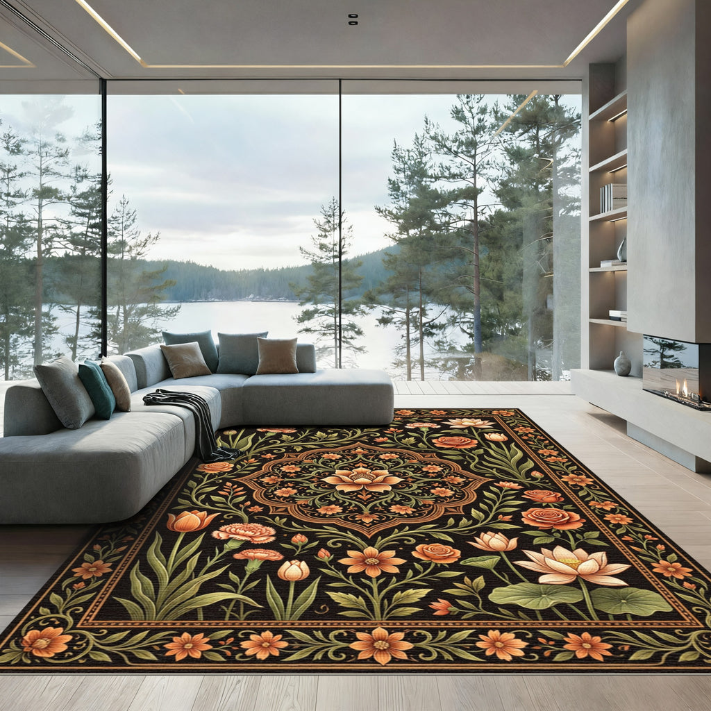 Opulent Black Floral Medallion Garden Rug