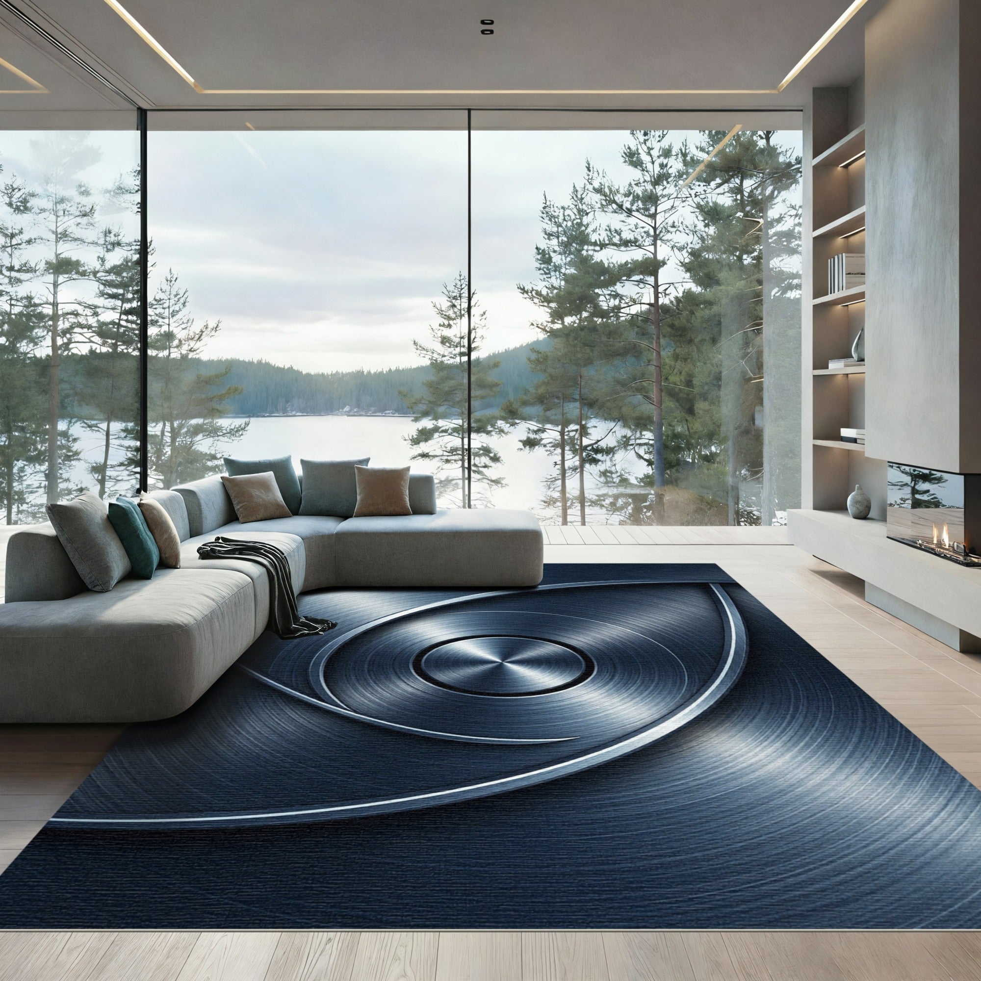 Brushed Metallic Steel Swirl Art Rug