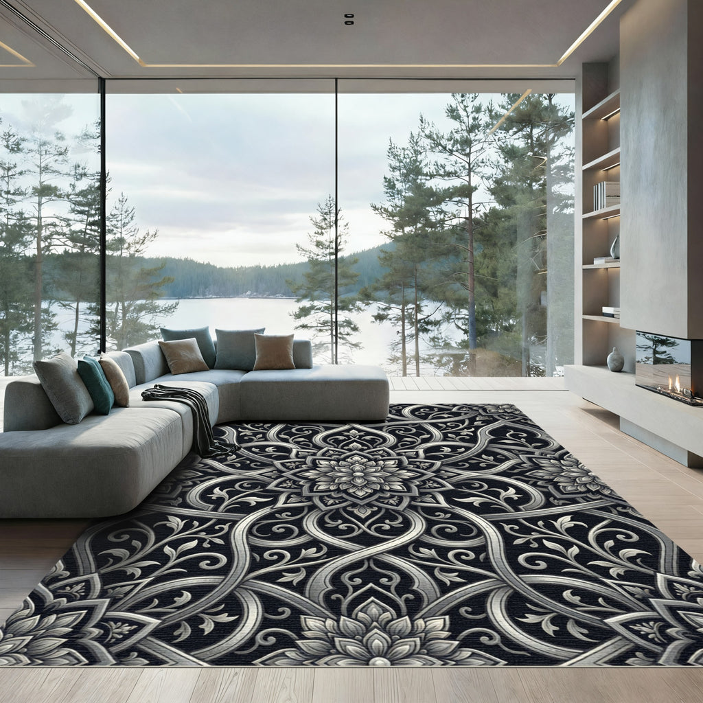 Intricate Silver Floral Arabesque Rug