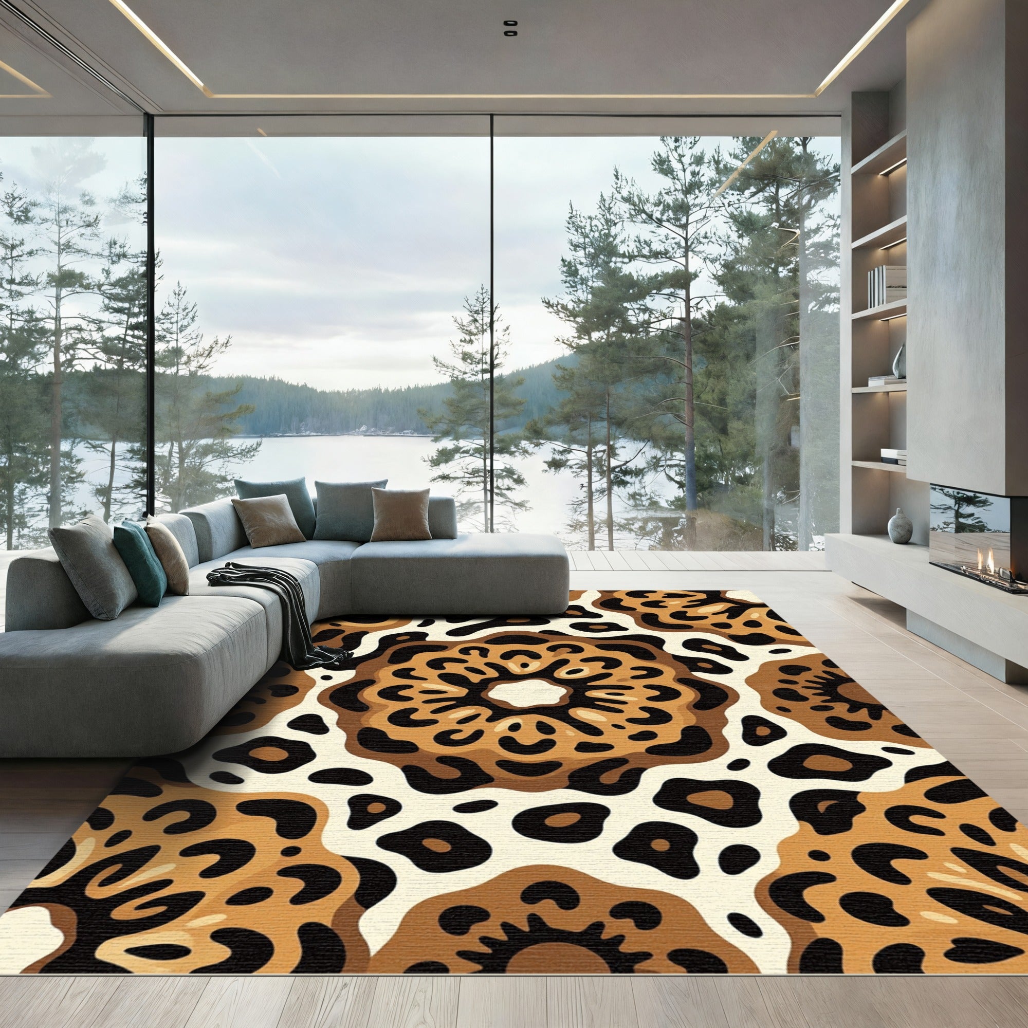 Brown Beige Leopard Spot Medallion Rug