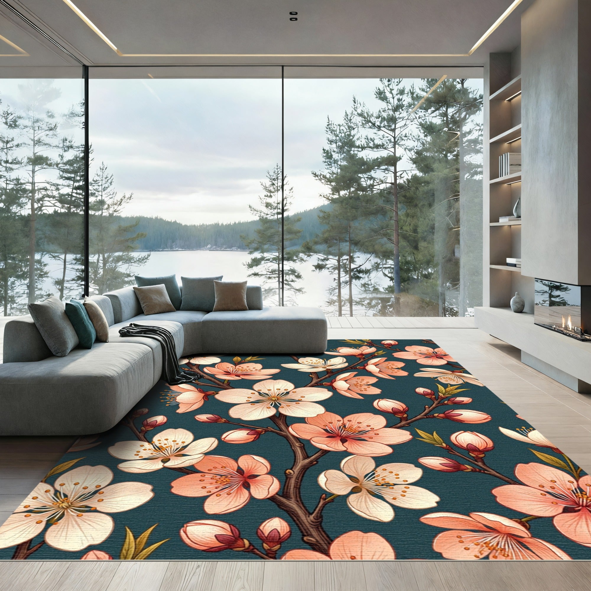 Elegant Peach Blossom Botanical Navy Backdrop Rug