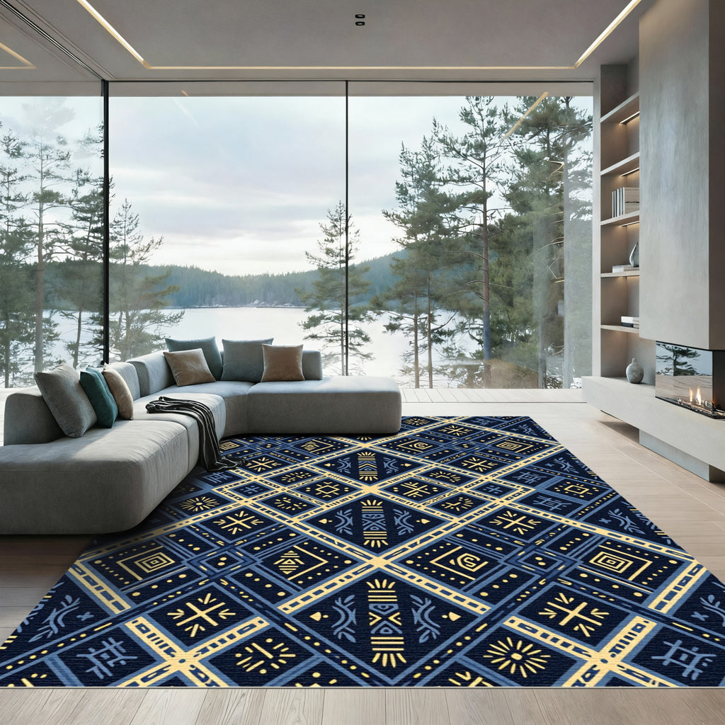Navy Blue Yellow Geometric Diamond Rug