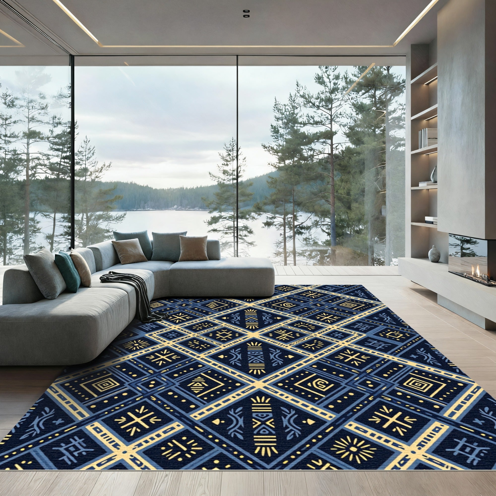 Navy Blue Yellow Geometric Diamond Rug