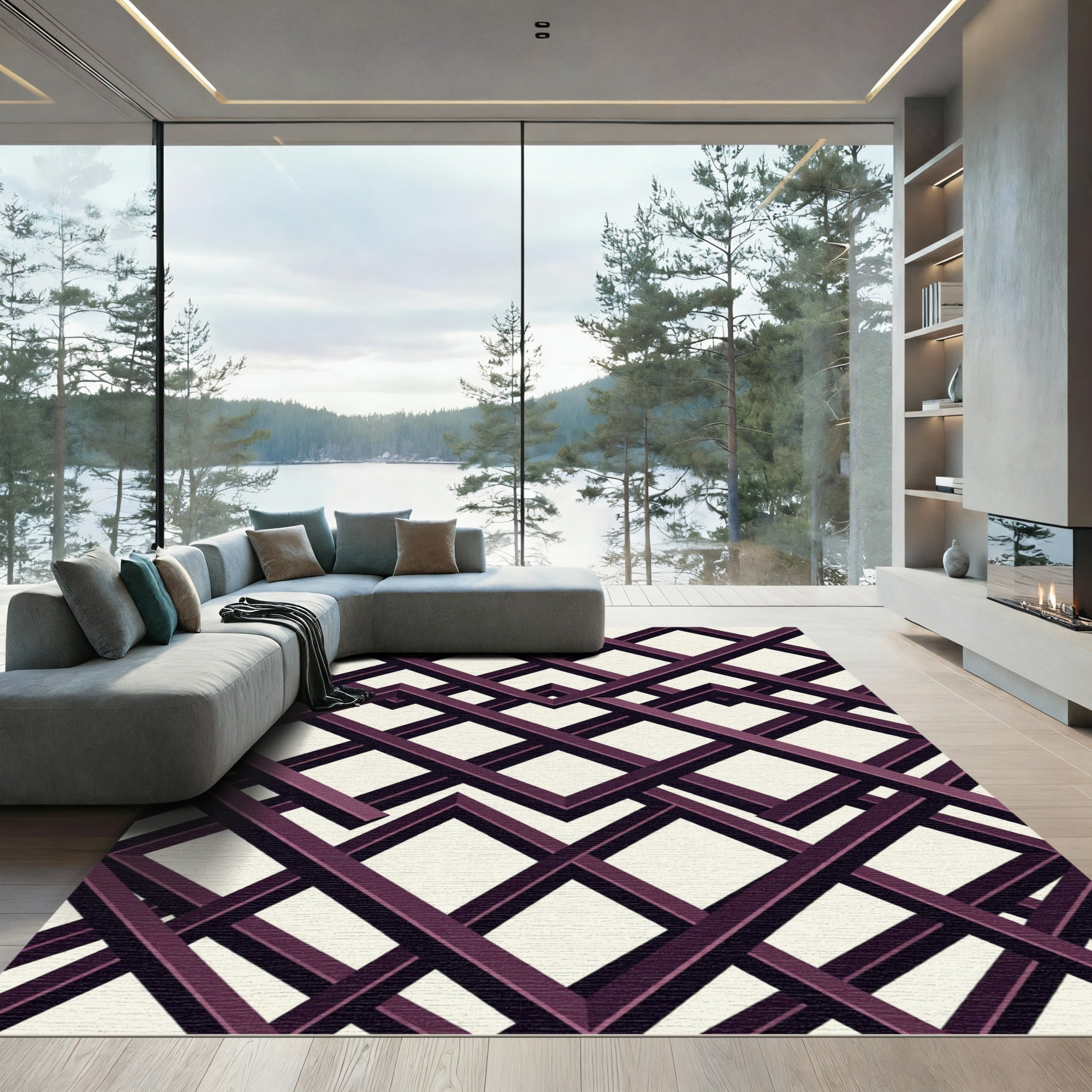 Geometric Plum Interlocking Grid Rug