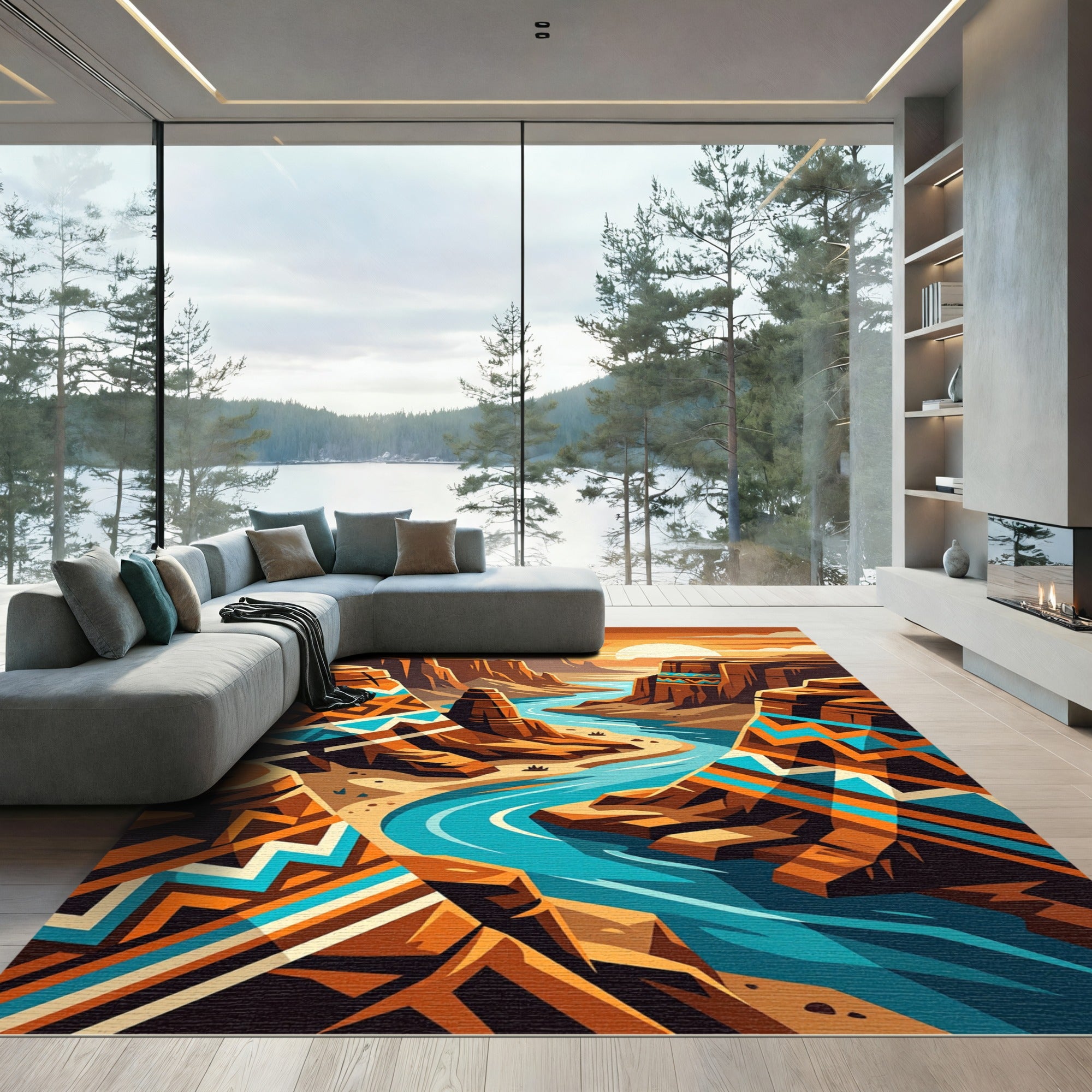 Vibrant Southwestern Canyon River Scene Rug